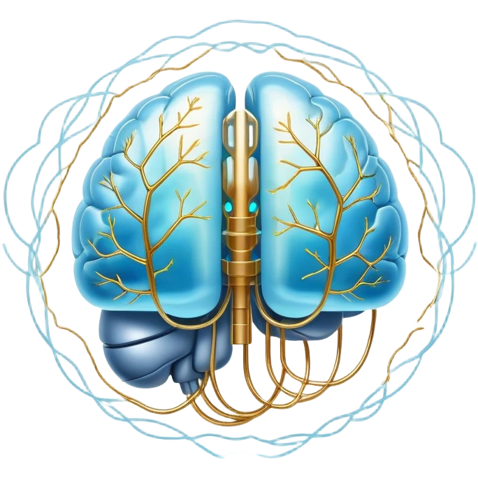 Pearlescent and light blue floating capsule suspended in front of an ethereal brain illuminated by golden electrical pulses branching into a neural network pattern, awakening lucidity. A soft light also surrounds a small liver symbol, all rotating in an aura of focus and internal connection emoji