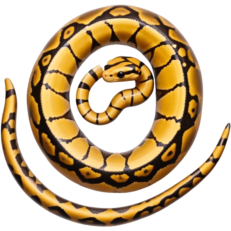 A photo-realistic top-down view of a Ball Python gently coiled into a tight spiral, with its head resting peacefully at the center. Its scales are warm brown with bold, irregular black markings, including the distinctive “alien-head” pattern, flowing smoothly along its body.  emoji