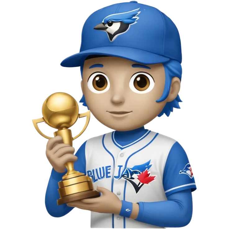 blue jay wearing bluejays MLB baseball cap, holding trophy 🏆 over his head emoji