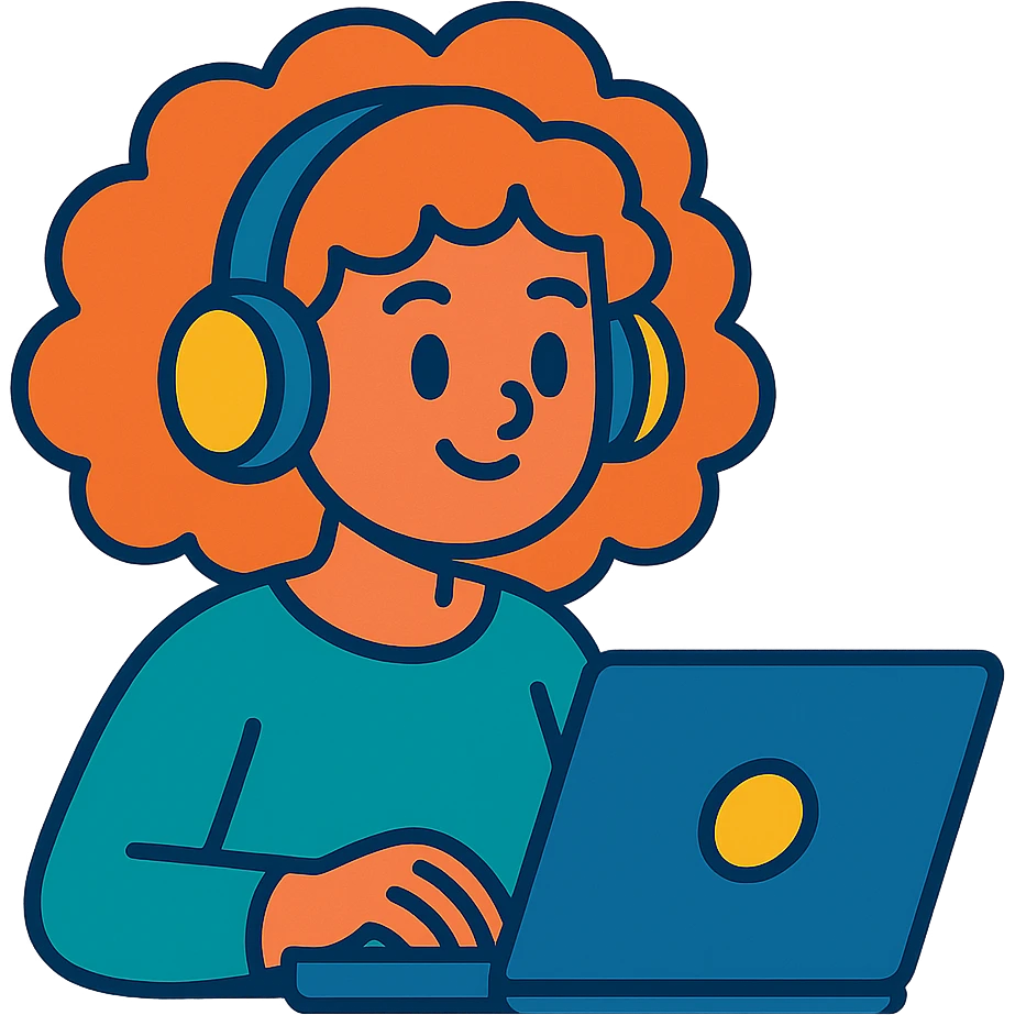 vibrant toon style curly hair girl with headphones and a laptop emoji