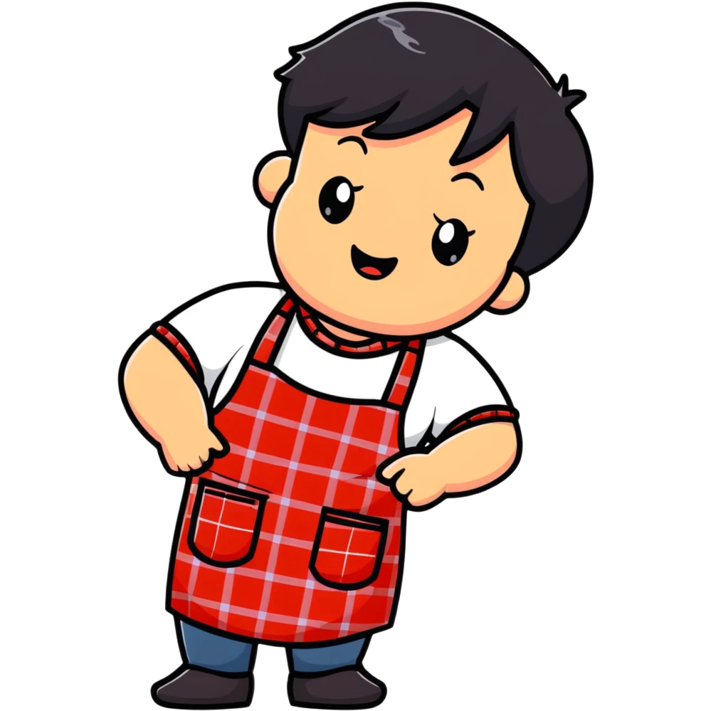 chubby boy with black hair styled upward in front, wearing a red and white checkered plaid apron emoji