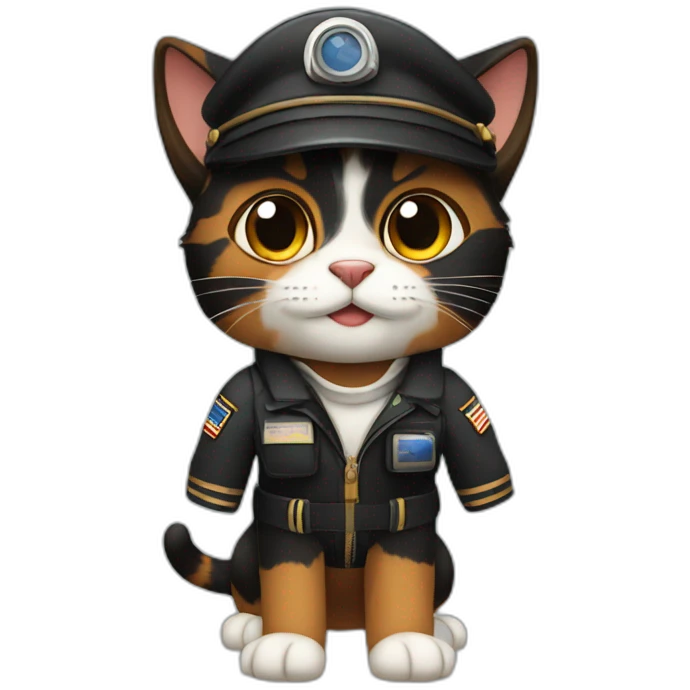 full brown and black calico cat dressed as a pilot emoji