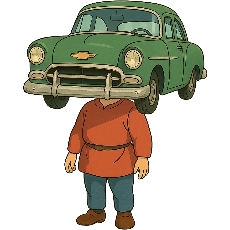 ghibli style character with a body and the face of a Chevrolet automobile emoji