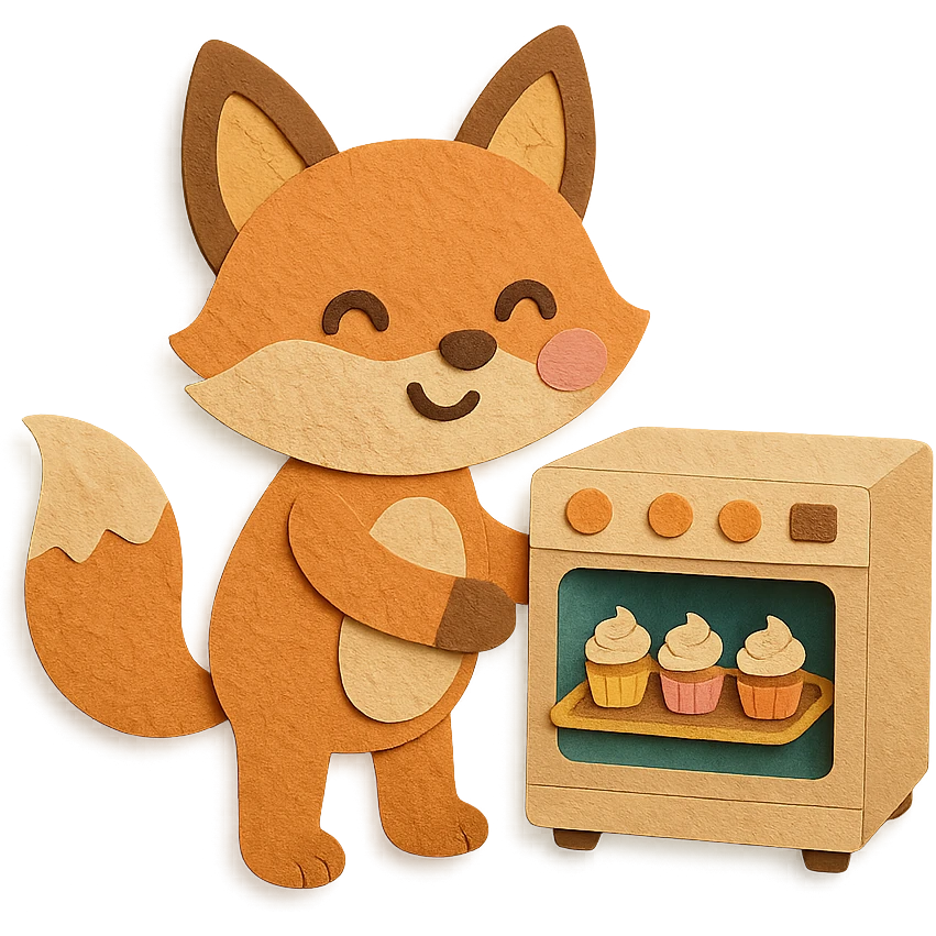 cute electric oven fox baking mini cupcakes, happy face, soft warm colors, full-body emoji