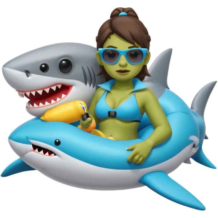 orc female sitting in an inflatable floatie shaped like a shark, wearing oversized sunglasses and a whistle on a neck cord, 2d emoji
