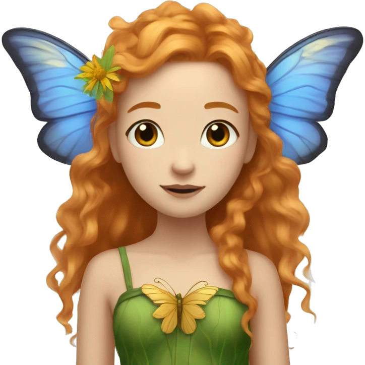Beautiful, cornflower, fairy, green, gold, chest length ginger hair, big green and gold butterfly wings emoji