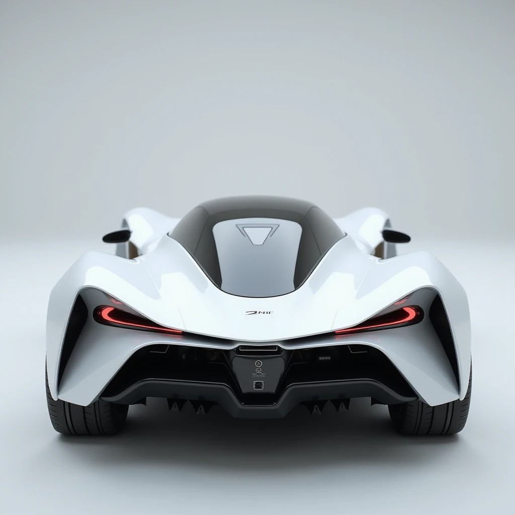 rear view of a futuristic electric flying car with a smooth aerodynamic metallic body, two wings on top, two wings on the sides, propellers on all wings, visible wheels, photorealistic style, no visible logo, no front vent, sleek taillights emoji