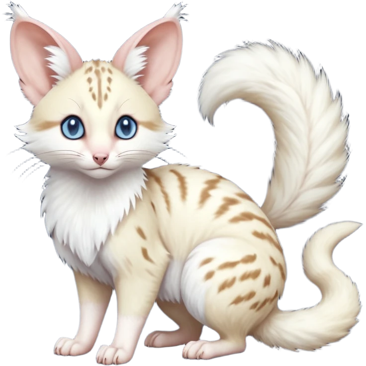 Albino-white, blue-eyed soft natural realistic romantic vintage antique divine beautiful elegant pretty precious cute young youthful  Fakémon-Pokémon-opossum-feline-mouse-serval-caracal-chinchilla-Minccino-Cinccino-Meowstic-rodent-hybrid-creature with a big fluffy bushy tail (full body) emoji