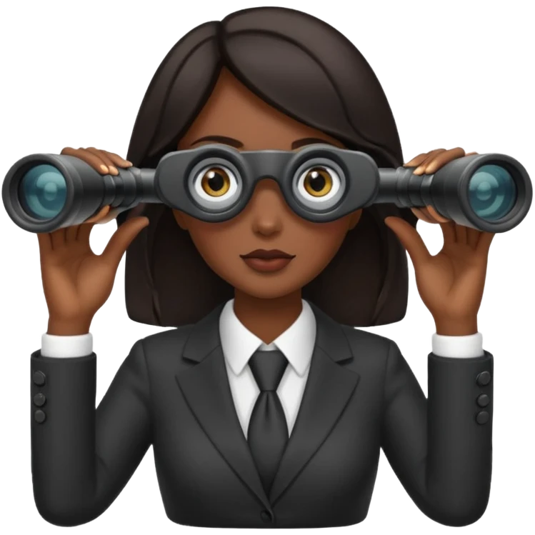a woman with dark hair in a business attire looking into binoculars emoji