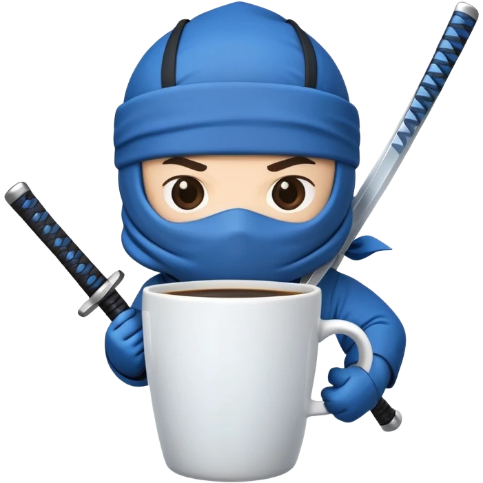 A cartoon to-go coffee cup with a blue ninja headband around the lid and holding a katana sword emoji