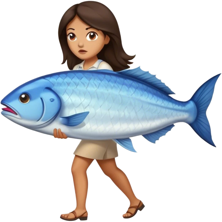 Annoyed Brunette Woman walking with huge fish emoji