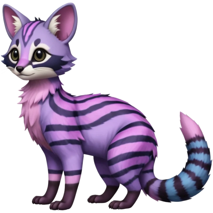 Cute elegant hyper-realistic lifelike furry Indigo, purple, violet, pink, Civet-Genet-Possum-Serval-Caracal-Sergal-Trico-Numbat-Furret-fusion-Fakemon-hybrid-creature (full body) with long tufted ears and a striped tufted tail  emoji