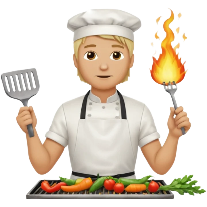 man with tied blond hair and and a white apron grilling vegetables on a sizzling grill emoji