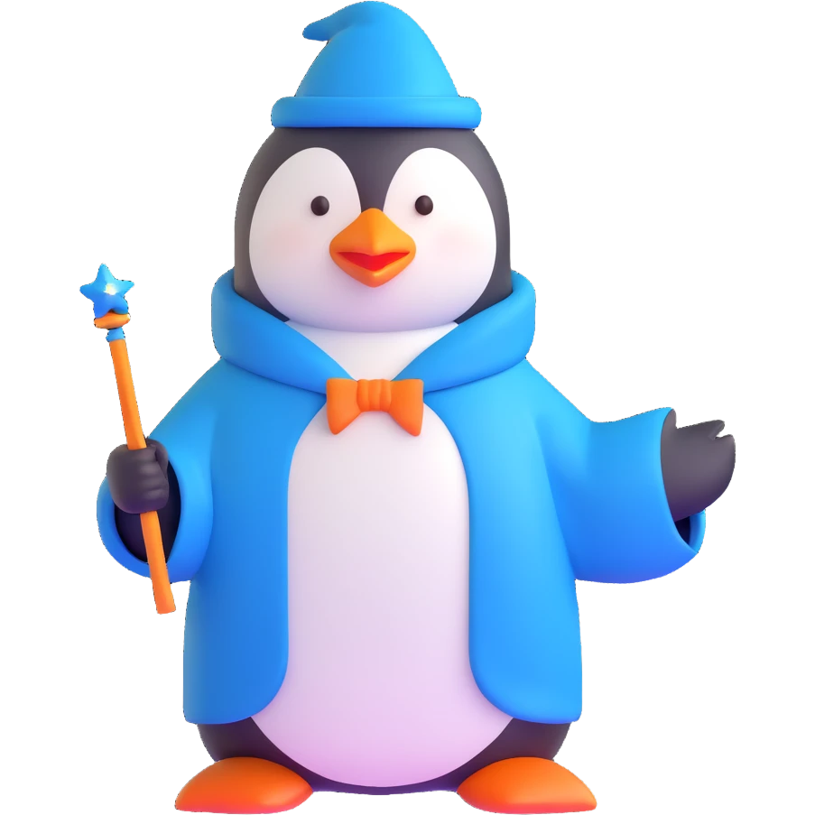 penguin wizard with a blue robe and magic wand emoji
