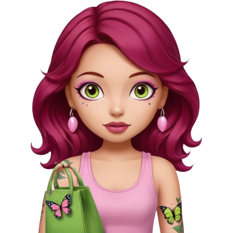 a pretty fair bratz girl with wavy dark red hair, wearing a pink tank top , carrying a matcha and a pink bag. eyeliner on. butterfly tattoo on arm emoji