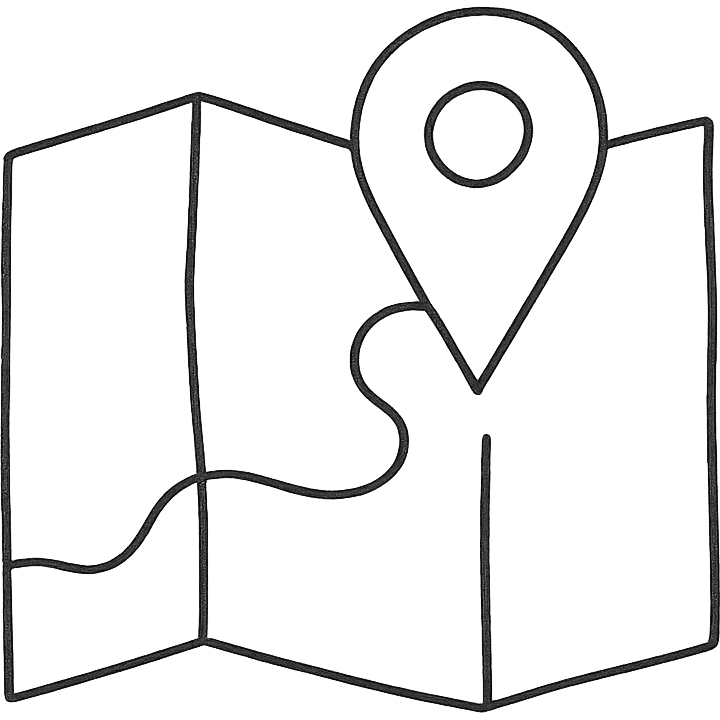 hand drawn outlined map with a pin icon emoji