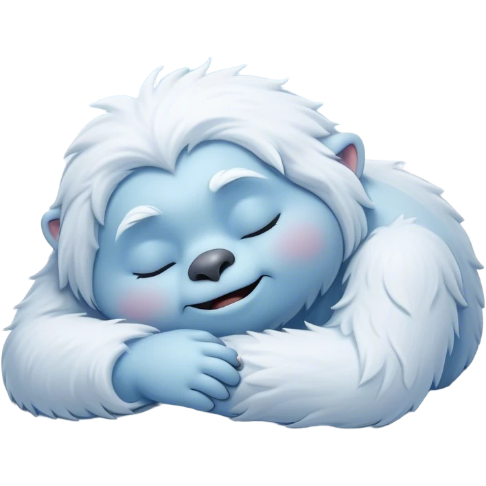 Meme-Worthy Cute Sleeping Yeti Portrait Emoji, with a charming, fluffy, snow-dusted figure in gentle whites and cool blues, head resting in blissful, serene slumber with closed, peaceful eyes and a small, contented smile, simplified yet irresistibly adorable, highly detailed with a soft frosty outline that captures the tender drowsiness of a yeti drifting into snowy dreams! emoji