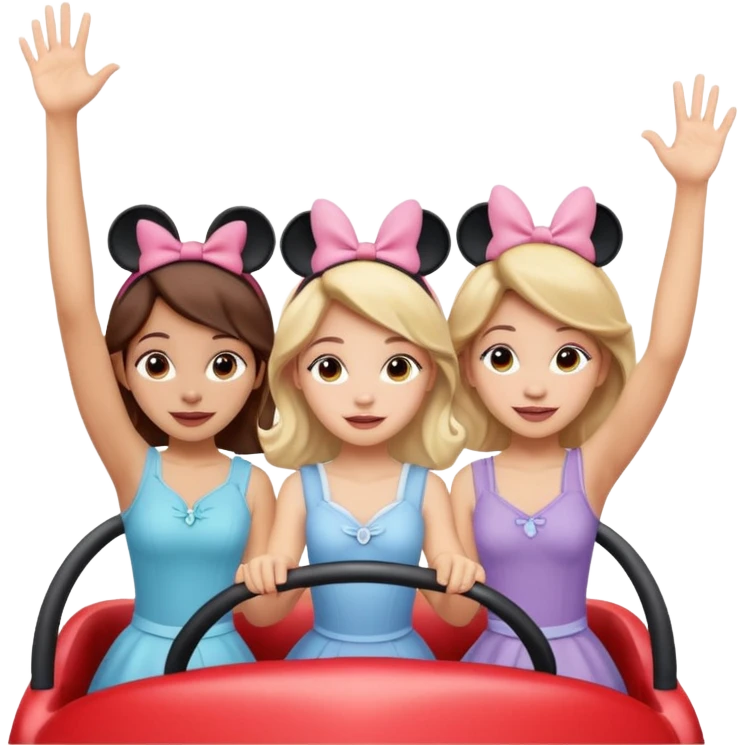 quatro chicas montadas en una atraccion de levantando la mano con orejas de Disney puestas en una atracción emoji