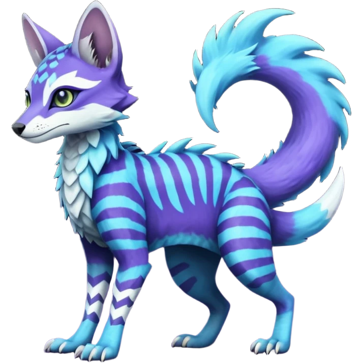 zig-zag-patterned striking indigo-violet-blue-cyan-gradiented with dark undertones, white underside, thunderous stormy edgy badass realistic Vernid-Sergal-Genet-Trico-species by LiLaiRa, full body emoji