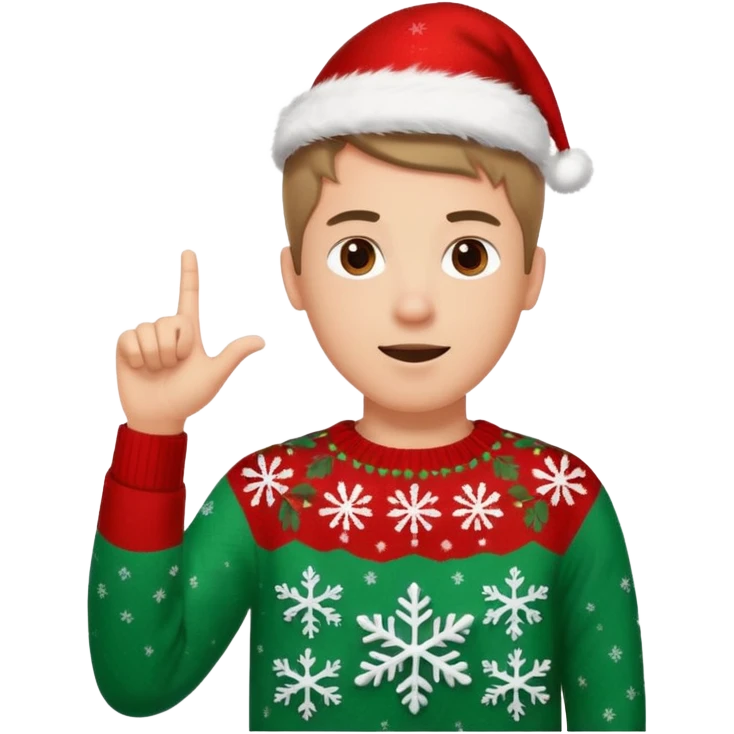 A guy pointing up with one hand and he has a christmas sweater with snowflakes in it emoji