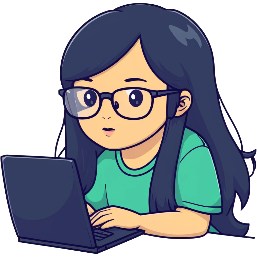 Girl with long black hair, glasses, nostril piercing, and a computer emoji