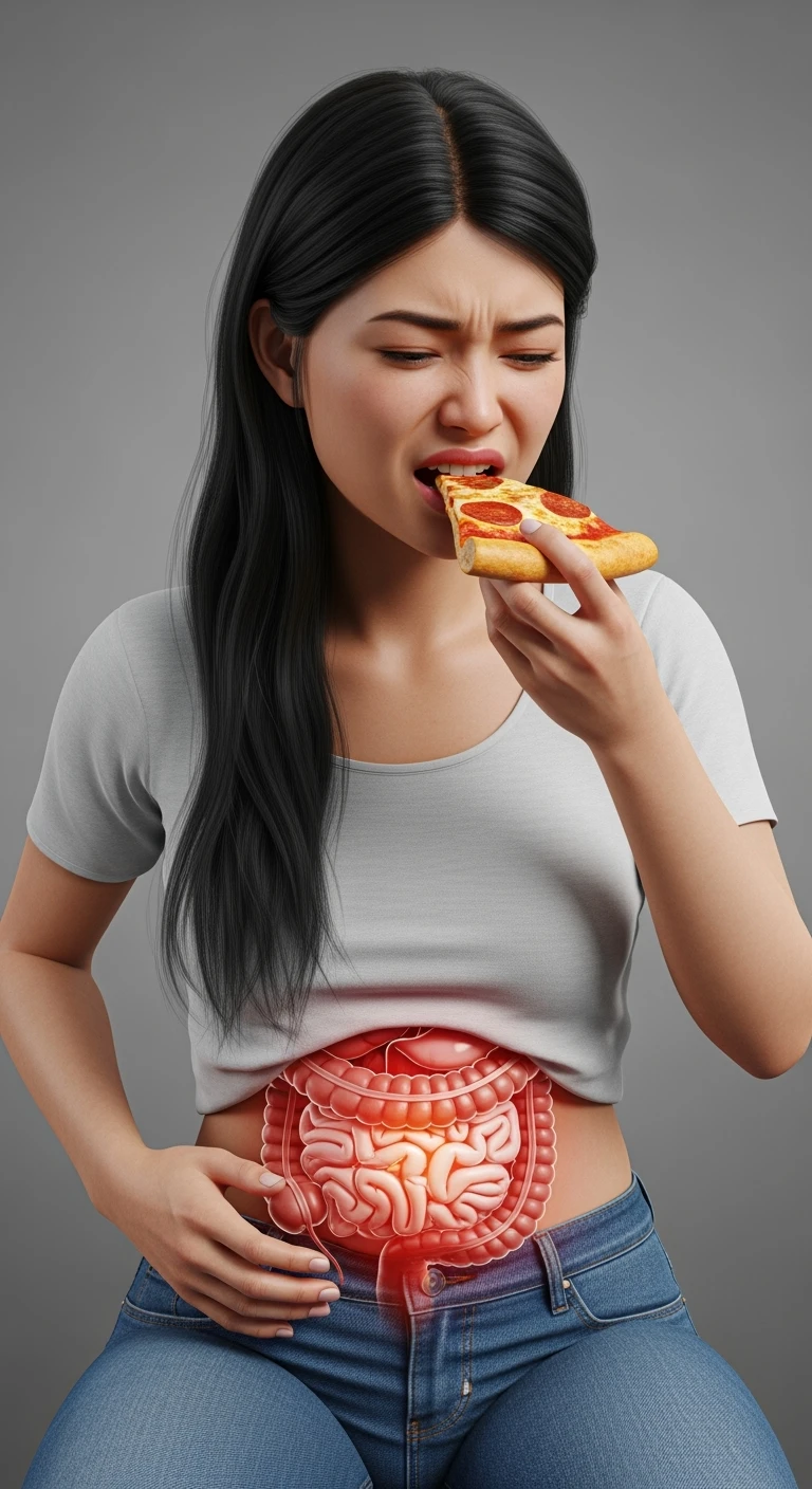 DONNA CON INTESTINO ANATOMICO REALISTICO IN EVIDENZA E MAL DI PANCIA MENTRE MANGIA UNA FETTA DI PIZZA, iperrealistici 4k, non disegnati emoji
