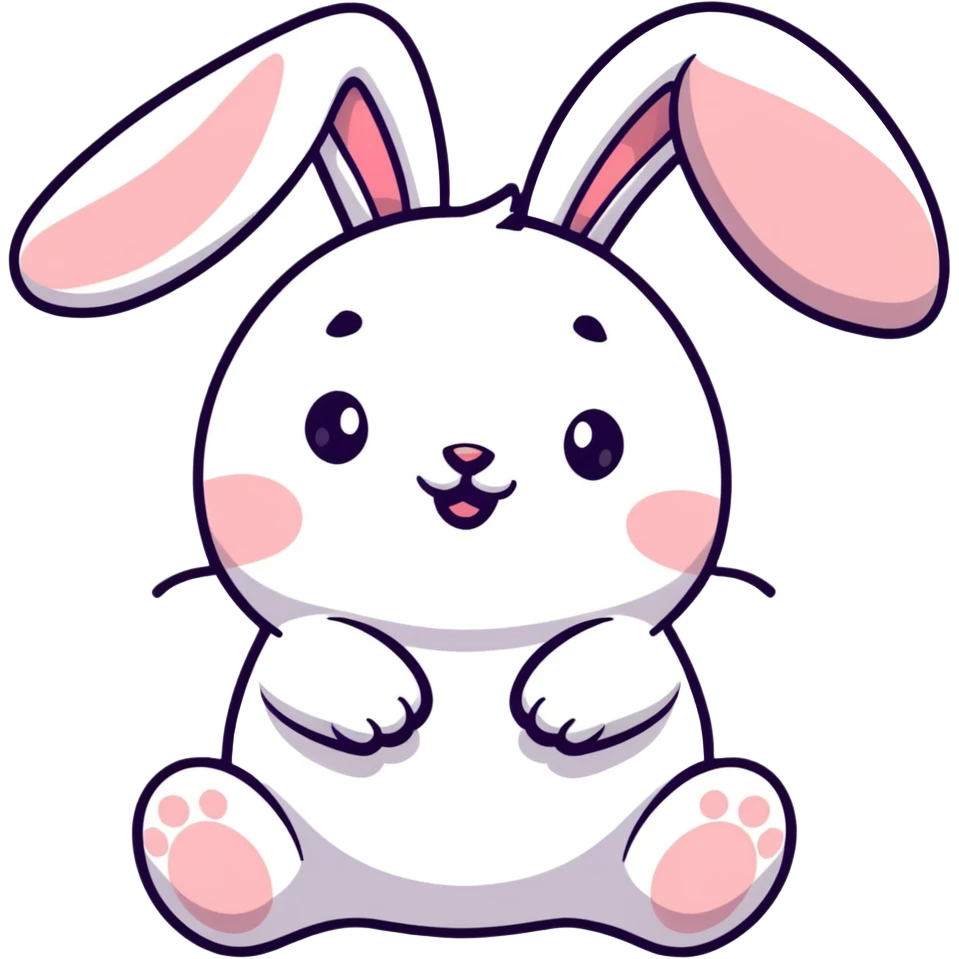 full-body plush toy bunny character with big round head, floppy ears, expressive cute eyes, laughing with closed eyes and little tears, soft kawaii pastel colors, hand-drawn Japanese stationery style kawaii sticker emoji