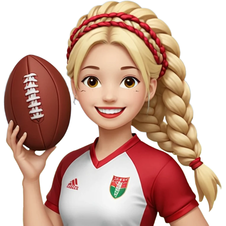 Chica de pelo rubio tirada en el suelo boca abajo agarrando un balón DE RUGBY con las manos vestida con una equipación de color rojo y blanco con líneas y con unas botas de tacos de fútbol, con un bucal en la boca y el pelo con trenzas, se la tienen que ver las 2 piernas y que sonría  emoji