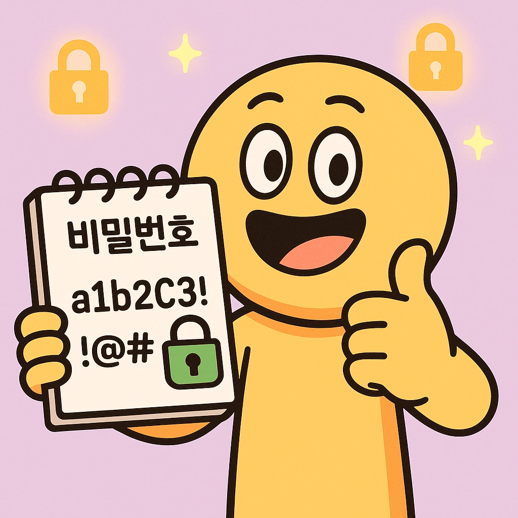 cartoon emoticon character holding a notebook with '비밀번호' (Korean for password), strong password 'a1b2C3!@#', secure lock icon, character giving thumbs-up, glowing lock icons in background, flat design, bright colors, pastel background, 360x360px, PNG emoji