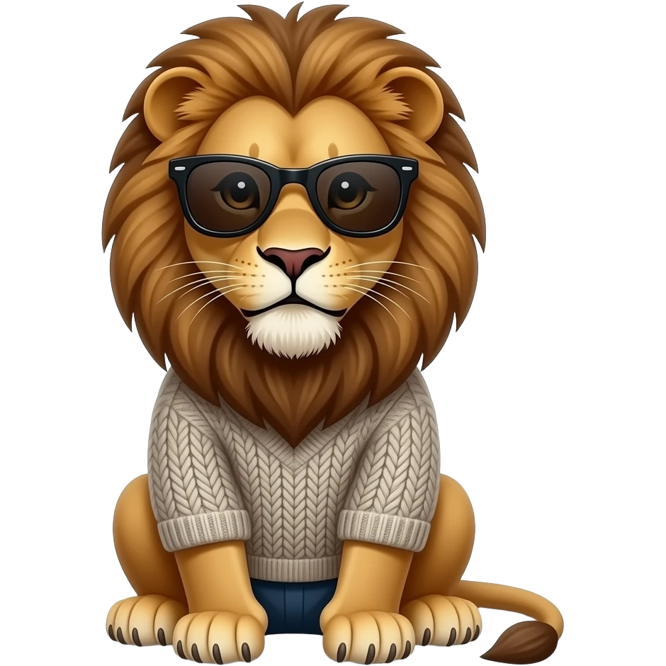 cute Lion wearing  sweater, sunglass sitting , front facing emoji