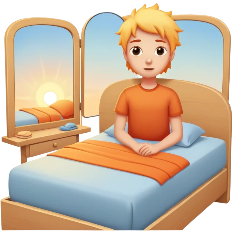 A person stands beside their bed, rolling out groggily with determination. The bed behind them is neatly made, a mirror in front of them . A glowing sunrise outside signals the start of a productive day. emoji