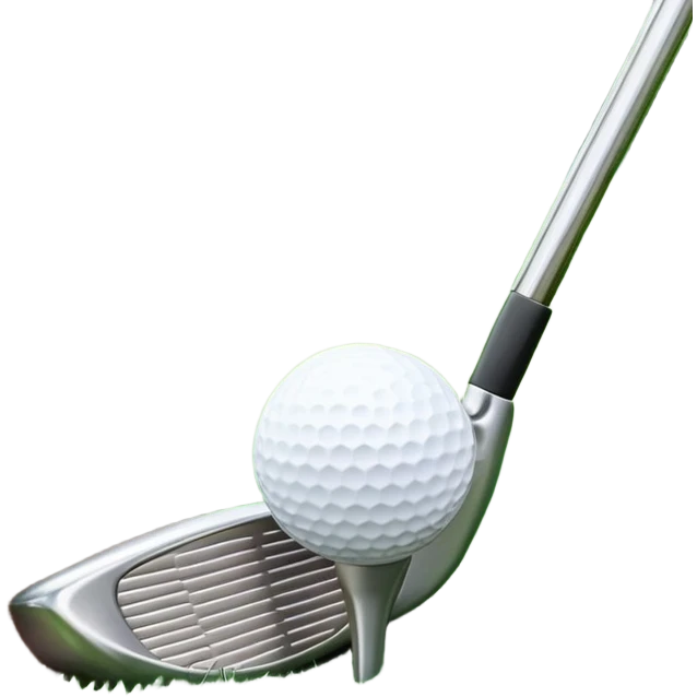 A golf ball positioned next to a golf club on a well-manicured green, with the lush grass of the golf course in the background. The setting captures the peaceful yet competitive atmosphere of the sport, focusing on the precision and skill required for the perfect shot emoji