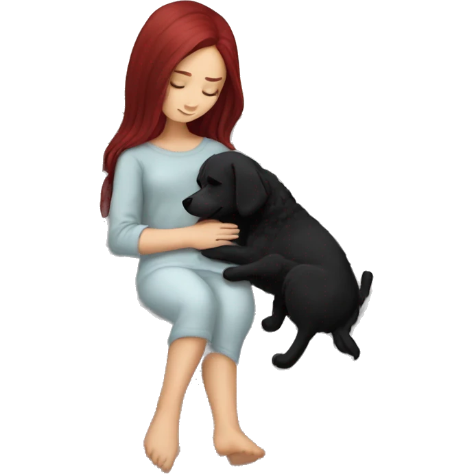 Dark red hair girl sleep with her maltese black dog emoji
