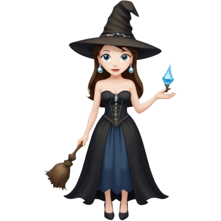 woman brunette, very large breasts, pale skin, blue eyes, long brown hair, black strapless dress, witch hat, pearl earrings, smirking, in black heels, standing, head to toe, full body, zoomed out, entire outfit visible emoji