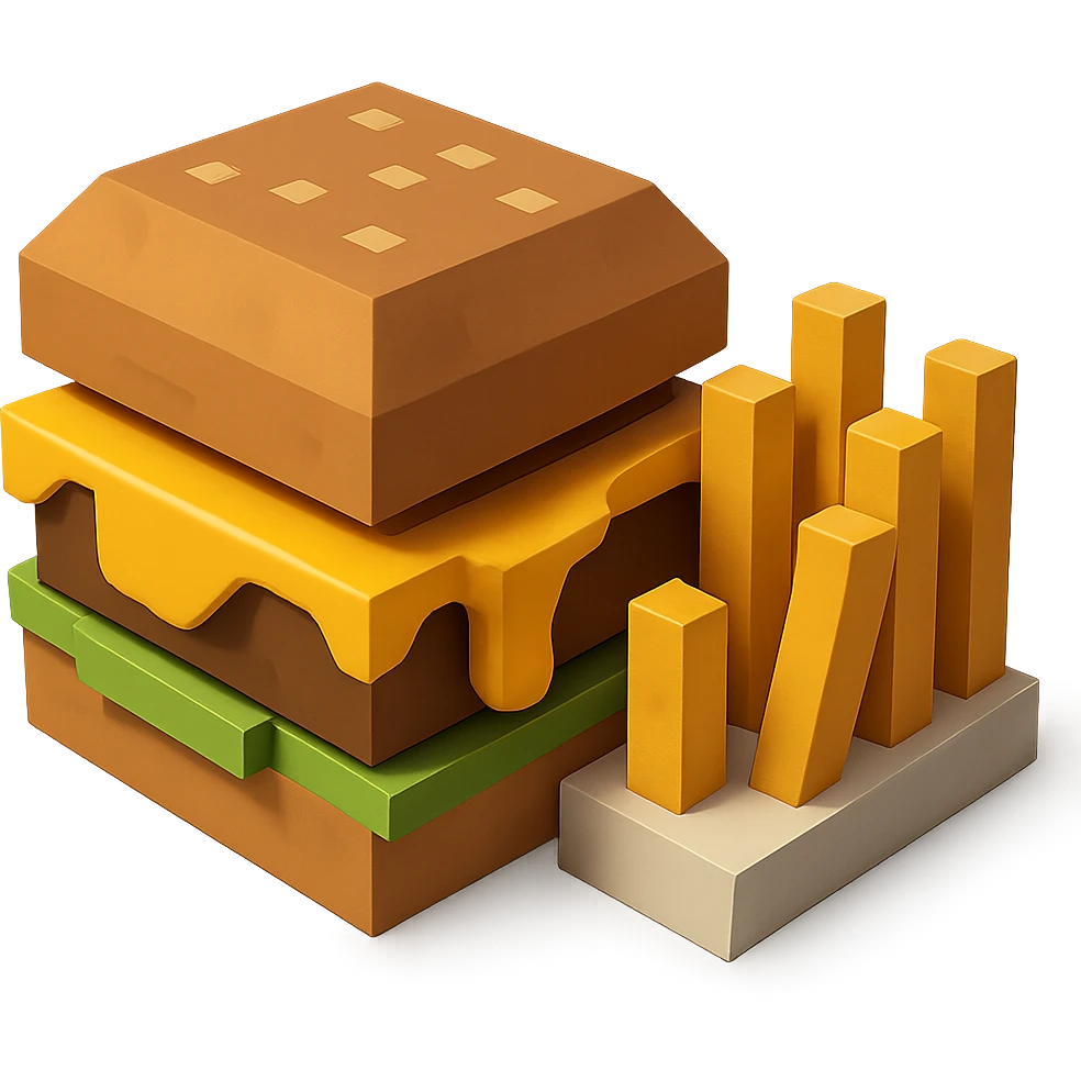 A cheeseburger with melting cheese and a side of crispy fries, minimalist 3D blocks design emoji