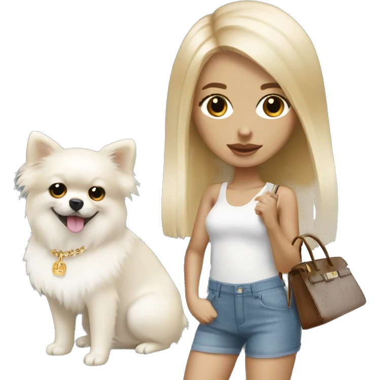 Blonde skinny girl with white pomeranian and Hermes birkin bag emoji