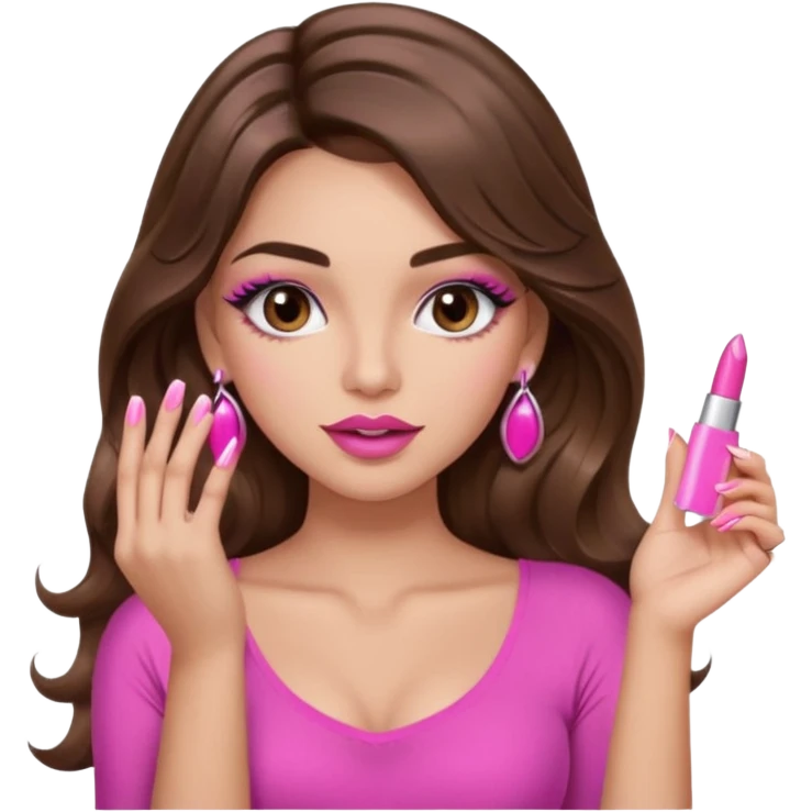 girl with long wavy brown hair, brown eyes, light to medium complexion, in a pink sexy top, pink lips, long lashes, puckered lips, showing my manicure emoji