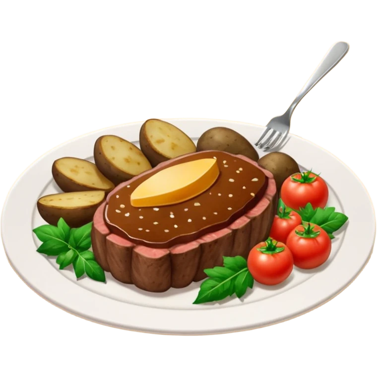 prato de jantar de buffet com pedaços de bife, batatas inglesas cortadas e vegetais verdes (como brocolis e tomates pequenos) emoji