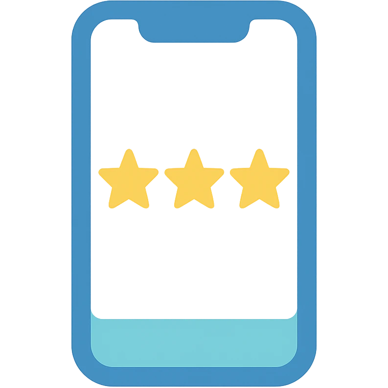 Smartphone icon with three yellow stars aligned in a row on the screen, flat emoji style, outline with blue and turquoise colors, screen filled solid white emoji