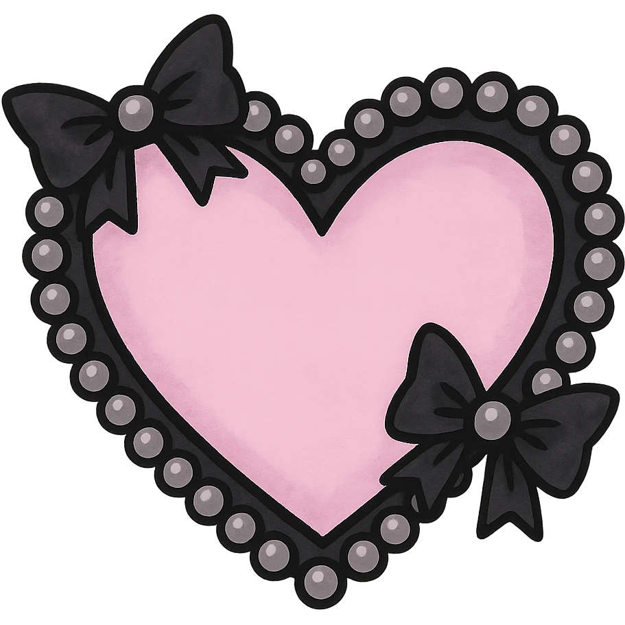 pastel goth heart with black bows and pearls, soft pink and black, cute gothic style emoji