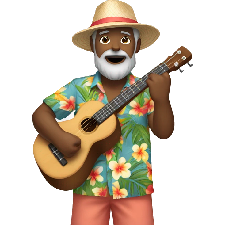 Hawaiian dark-skinned man playing ukulele 57 years old wearing Hawaiian shirt shorts beard with gray hair and hat emoji