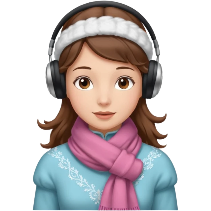 Victorian ice skater in a long dress. She is wearimg a scarf and earmuffs. She has boriwn hair. emoji