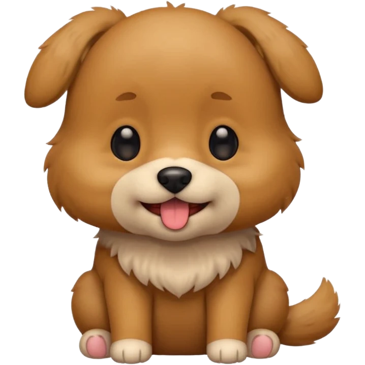 Cute small brown fluffy dog emoji icon. Round face, short muzzle, light brown fur with slightly darker ears, small black nose, happy smiling expression with tongue out. Soft friendly eyes, sitting pose with front paws together. Simple clean vector style, minimal details, kawaii style. emoji