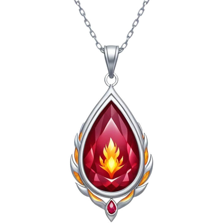 cosmic phoenix talisman: teardrop ruby radiating rebirth energy, ember edges, silver chain floating emoji