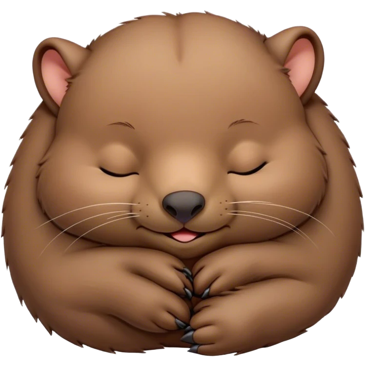 Meme-Worthy Cute Sleeping Wombat Portrait Emoji, Head resting peacefully with a contented smile, showcasing a robust, sturdy build and a luxuriously soft shaggy brown fur, eyes shut in a serene, restful nap, Simplified yet hilariously adorable features, highly detailed, glowing with a soft, drowsy light, high shine, relaxed and utterly lovable, stylized with an air of playful laziness, bright and heartwarming, soft glowing outline, capturing the essence of a comically sleepy wombat, so meme‐worthy it feels like it could instantly become the next viral sensation of adorable slumber! emoji