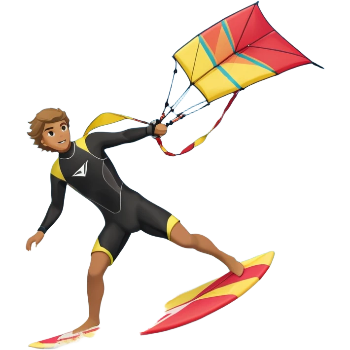 A kite surfer soaring above the waves, holding onto a kite with the wind in full force. The background showcases the ocean and sky, emphasizing the freedom, thrill, and energy of the sport. The motion of the kite and board is dynamic, capturing the excitement of kiting. emoji
