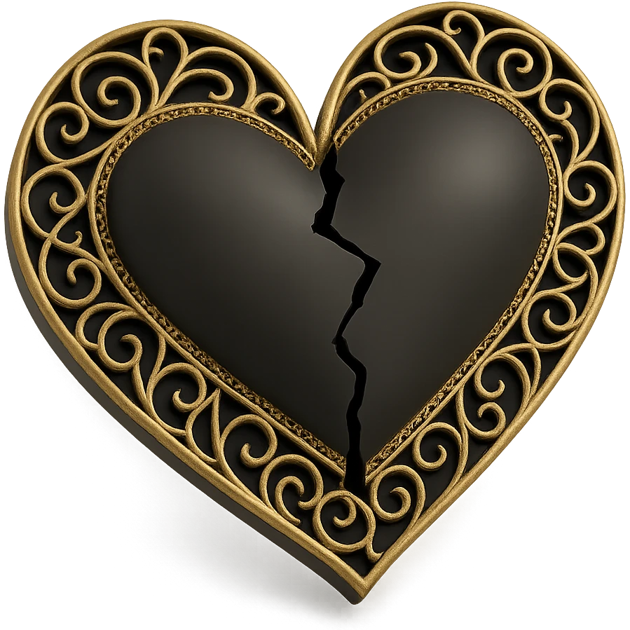 Make the 3D goth black heart with lace patterns appear cracked or broken, keeping it shiny and dramatic. emoji