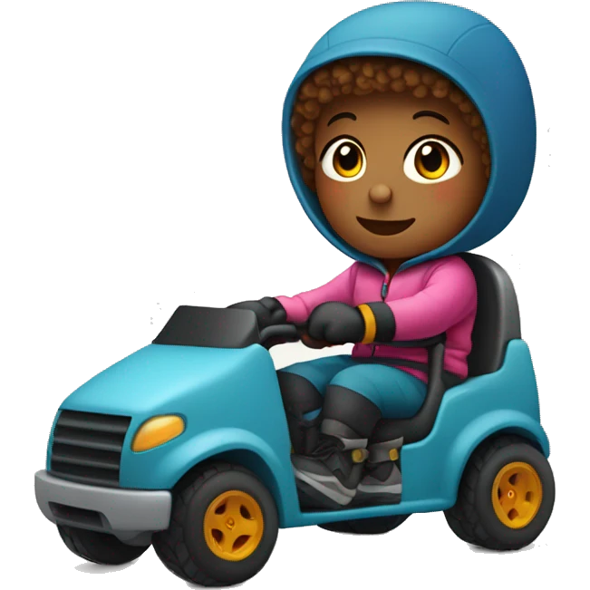 My baby wearing a ski outfit riding a toy truck emoji