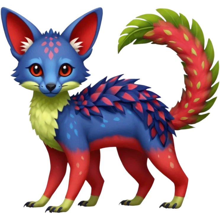 Feral Rare Fantasy vibrant tropical red and indigo and lime-collred Vernid-Trico-species-creature by LiLaiRa, random markings, tufted tail, tufted ears, full body emoji
