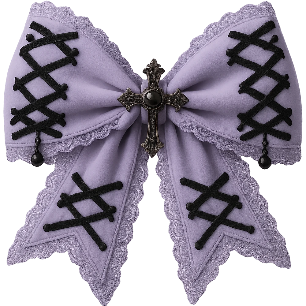 Make the gothic bow and accessories pastel purple, keep lace and velvet details, photorealistic style, keep background transparent. emoji